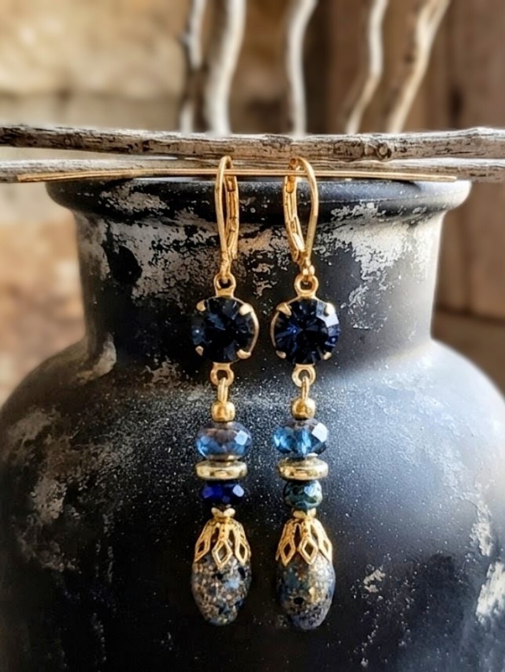 Victorian Rustic Blue& Swarovski Crystal Cottagecore Gold Plated Earrings
